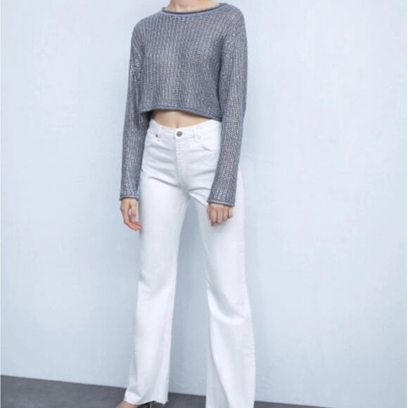 Zara Women’s Crop Sweater Metallic Silver Size Medium - Picture 2 of 12